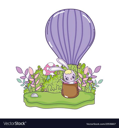 Cute Rabbit Flying In Balloon Air Hot Valentines Vector Image