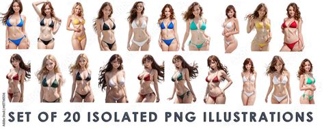 Set Of Cute Sexy Woman In Bikini Swimsuit Collection Of 20 Illustrations PNG Isolated