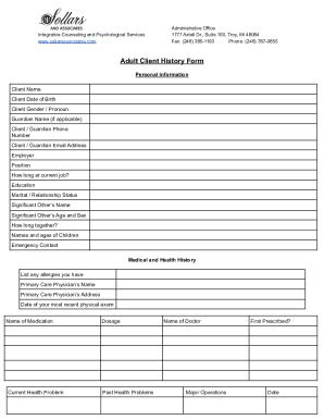 Fillable Online Website Copy Of Blank Adult Client History Form Fax