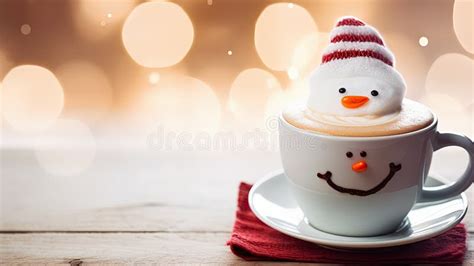Cup Of Coffee Or Hot Chocolate With Melted Marshmallow Snowman Winter Cozy Hot Drink With Milk