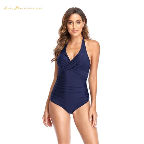 Solid Color Women Lace Up Backless Bikini Navy Blue Swimsuit One Piece Multicolor Bathing Suit