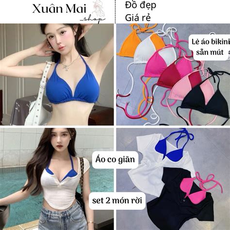 Set 2 món áo bikini mút áo thun croptop cổ vuông đính nút vạt bầu đen trắng hồng xanh đi biển đi