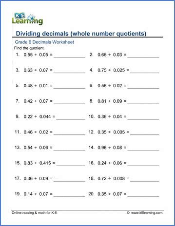 grade  division  decimals worksheets  printable  learning