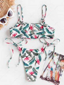 ZAFUL Leaves Print Tie Side Cheeky High Cut Bikini Swimwear In LIGHT