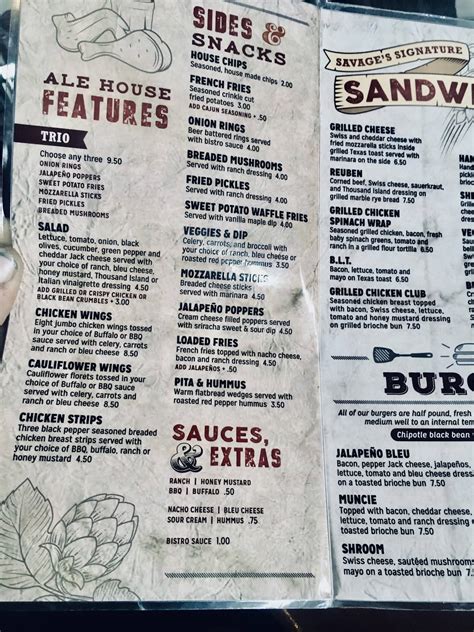 Menu at Savage's Ale House pub & bar, Muncie