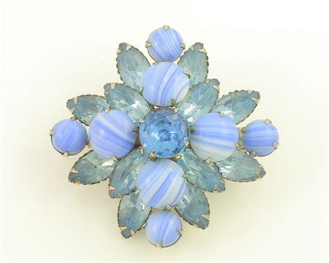 Vintage Blue Porphyry Rhinestone Brooch Blue Rhinestone Striped Art