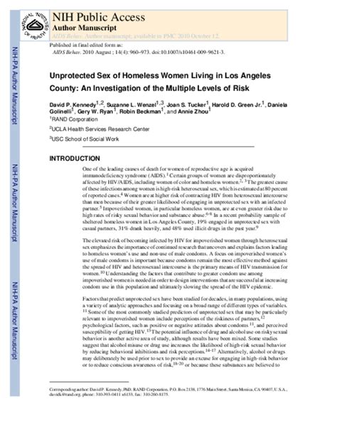 Pdf Unprotected Sex Of Homeless Women Living In Los Angeles County