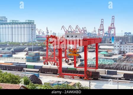 A view of a container terminal at Lianyungang Port in Lianyungang City ...