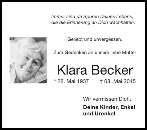 Traueranzeigen Von Klara Becker Aachen Gedenkt