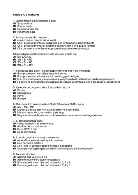 PSICOLOGIA GENERALE I Domande a risposta multipla per esercitarsi