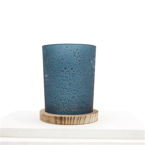 New Unique Custom Design Clear Colored Blue Frosted Glass Candle Holder Jar Vessel With Wooden