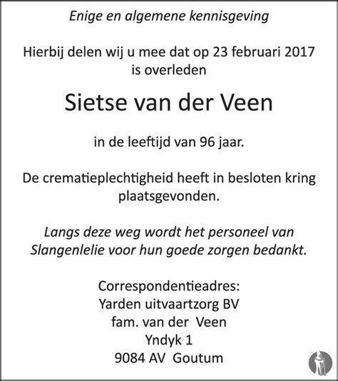 Sietse Van Der Veen Overlijdensbericht En Condoleances