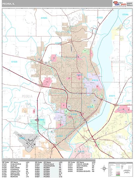 Peoria Illinois Zip Code Wall Map (Premium Style) by MarketMAPS