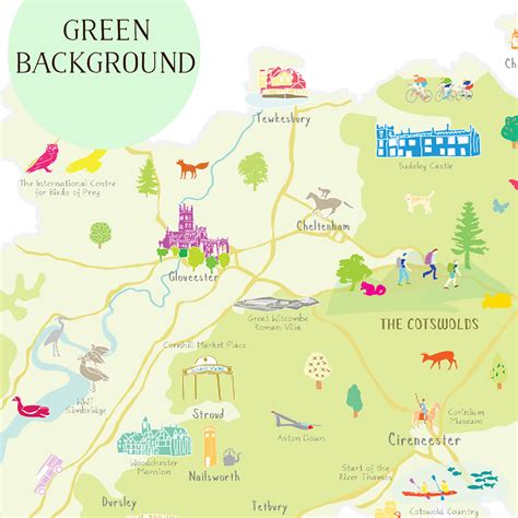 Illustrated hand drawn Map of Gloucestershire by UK artist Holly Francesca.