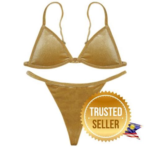 Spaghetti Strap Padded Backless Low Waist Velour Women Bikini Set Light Khaki Shopee Malaysia