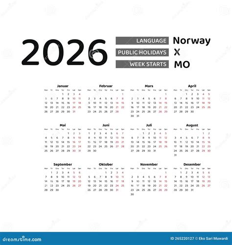 Calendar 2026 Norwegian Language With Norway Public Holidays Stock