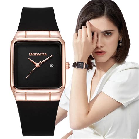 Fashion 2023 Women S Simple Brand Square Calendar Black Quartz Watch Casual Silicone Strap