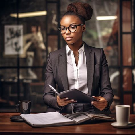 Premium Ai Image A Woman Sits At A Desk With A Book And A Cup Of Coffee