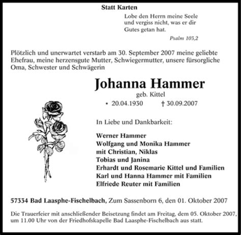 Traueranzeigen Von Johanna Hammer Trauer In NRW De