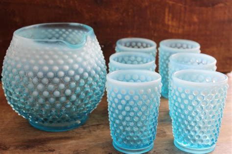 Blue Opalescent Hobnail Glass Pitcher And Tumblers Vintage Fenton Lemonade Set