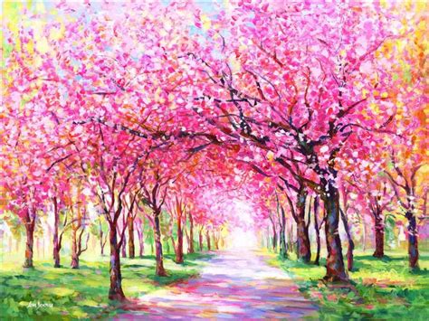 Cherry blossom trees Painting by Leon Devenice | Saatchi Art