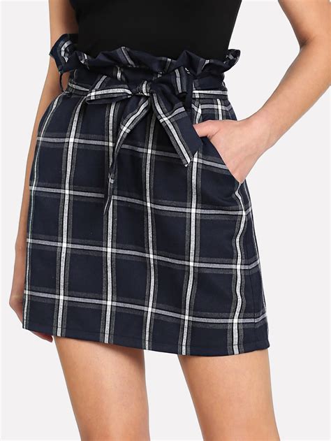 Self Belt Ruffle Waist Plaid Skirt Shein Sheinside