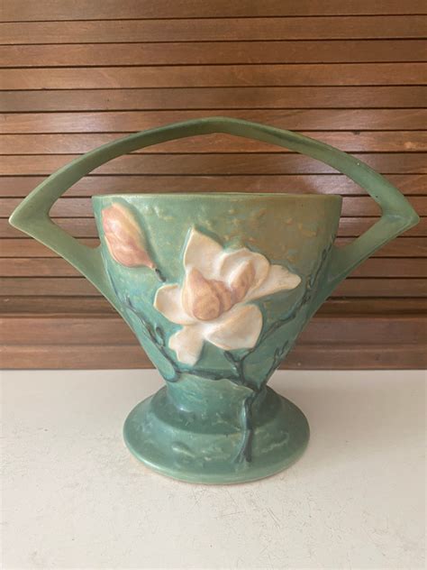 Roseville Pottery Magnolia Pattern Basket Vase Etsy