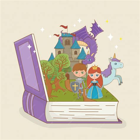 Книга открыта со сказочным замком с драконом и персонажами | Бесплатно ...