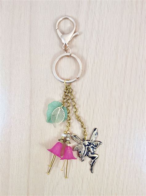 Pink Gold Tone Woodland Fairy Key Ring Whimsical Flower Fairy Key