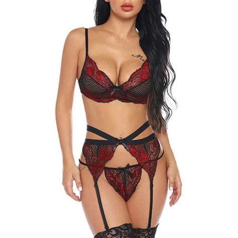 Femme Ensemble Lingerie Dentelle Brassière Jarretière Sexy Porte Jarretelles Soutiens Gorge et G