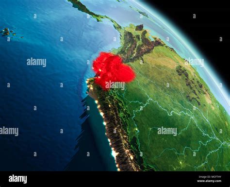 Satellite Morning View Of Ecuador Highlighted In Red On Planet Earth