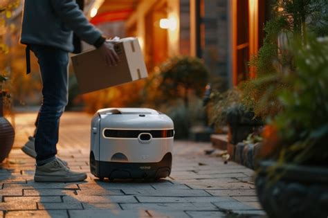 Free Photo Adult Person Interacting With Futuristic Delivery Robot