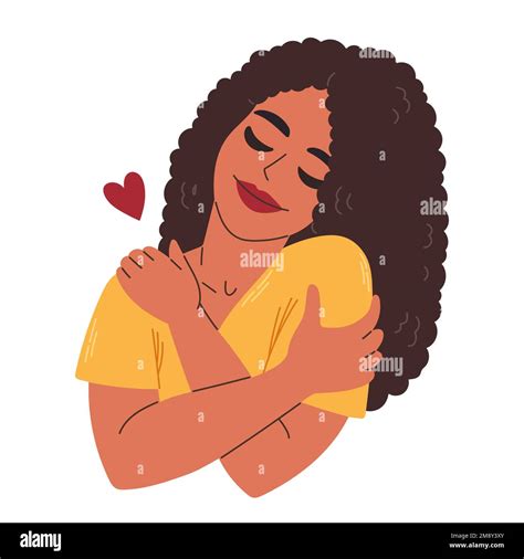 Love Yourself Black Curly Hair Woman Hugging Herself With Heart Love Your Body Concept Vector