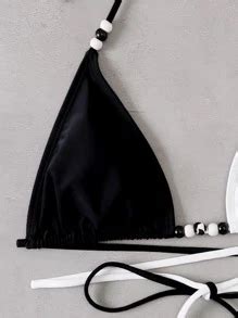 Color Block Bikini Set Beaded Triangle Bra Thong Bottom Pieces Bathing Suit For Summer