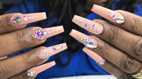 Acrylic Nude Color With Bling Bling Nails Tutorial Youtube
