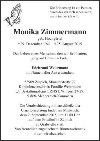 Traueranzeigen Von Monika Zimmermann WirTrauern