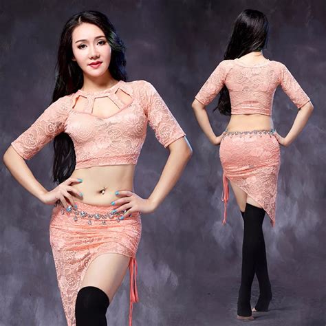 Sexy Nude Lace Women Belly Dance Costumes Pcs Top Skirt Hollow Out Lace Belly Dance