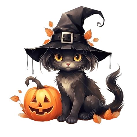 Cute Black Cat In A Witch Hat Sitting On A Halloween Pumpkin Doodle