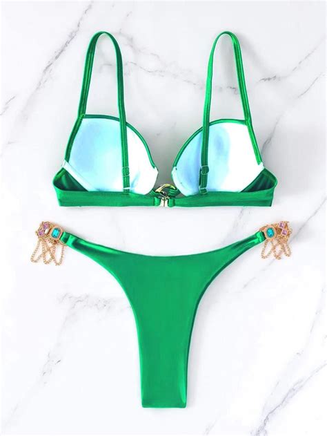 SHEIN Swim SXY Bikini à cristal à lien anneau à chaîne soutien gorge