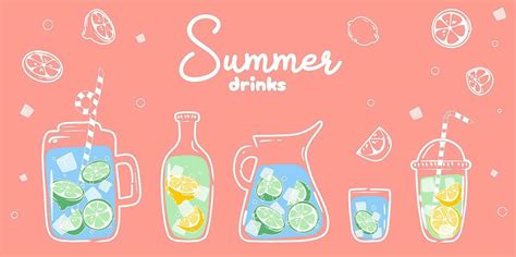 Lemonade Vector Illustration Of Homemade Lemonade Hand Drawn Set Of Summer Citrus Drinks With