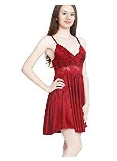 Satin Babydoll Nightwear Dress Babydoll Dress For Sexy Lingerie Nighty For Women Free Size Rose