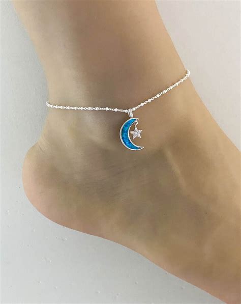 Opal Moon And Star Anklet Sterling Silver Beaded Ankle Etsy