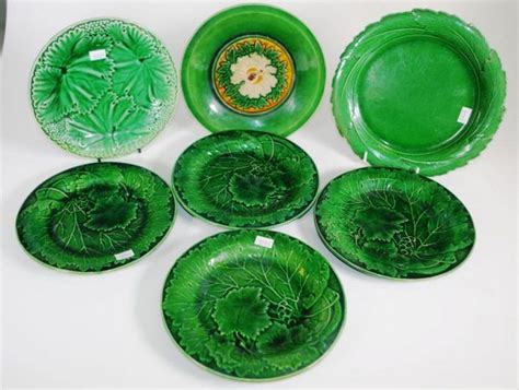 Green Leaf Majolica Plates Set With Copeland Plate Majolica Unmarked