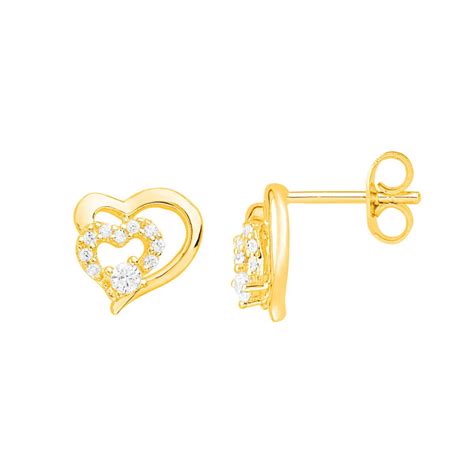 Boucles D Oreilles Femme Puces Coeurs Plaque Or Jaune Et Oxydes