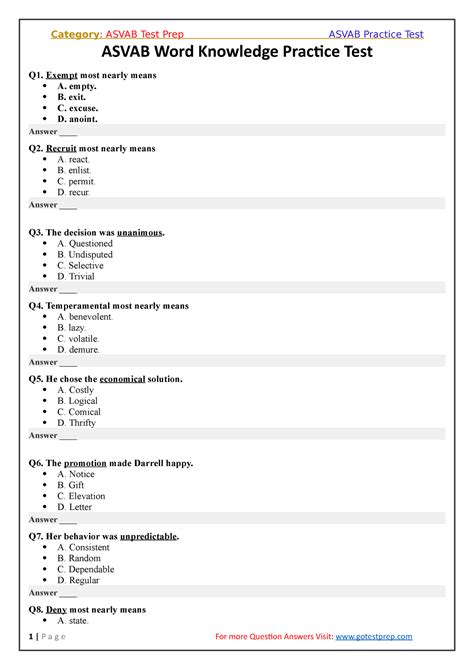 Asvab Word Knowledge Practice Test ASVAB Word Knowledge Practice Test