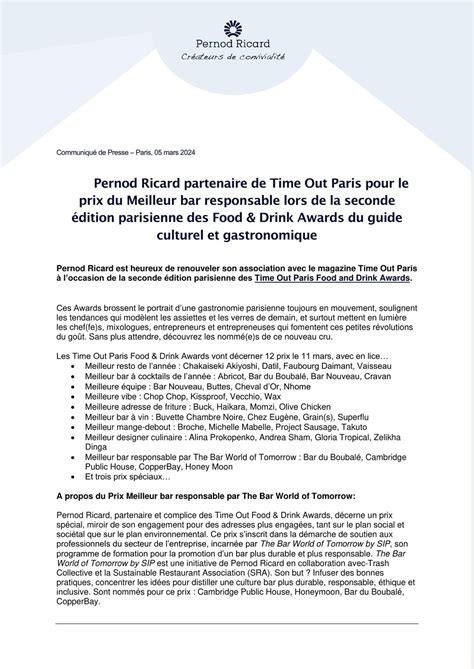 Pernod Ricard Partenaire De Time Out Paris Pour Le Prix Du Meilleur Bar