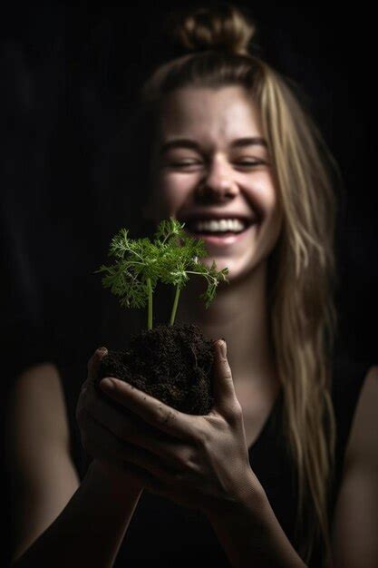 Retrato De Uma Jovem Sorridente Segurando Uma Planta Que Cresce No Solo