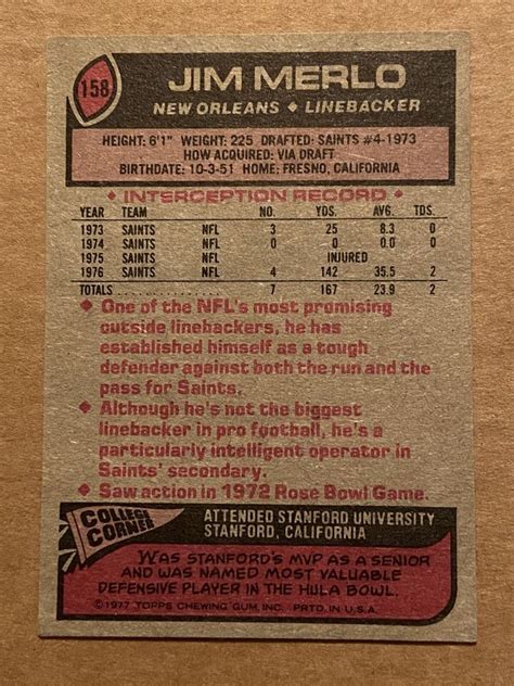 JIM MERLO Signed 1977 Topps #158 NO Saints Stanford Cardinals Autograph ...