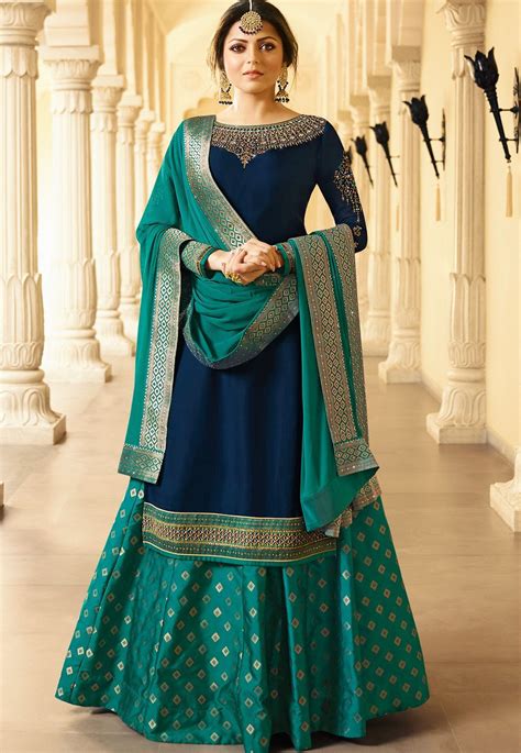 Drashti Dhami Blue Satin Georgette Lehenga Style Suit Lehenga Suit