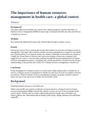 The Importance Of Human Resources Management In Health Care 2 Docx